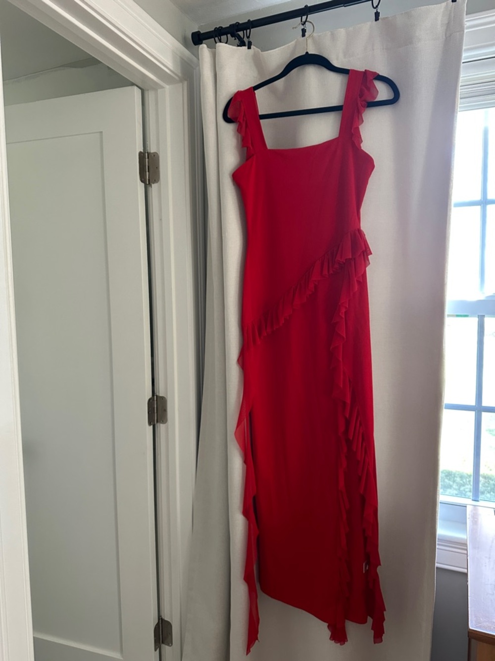 Red Ruffle Trim Square-Neck Dress